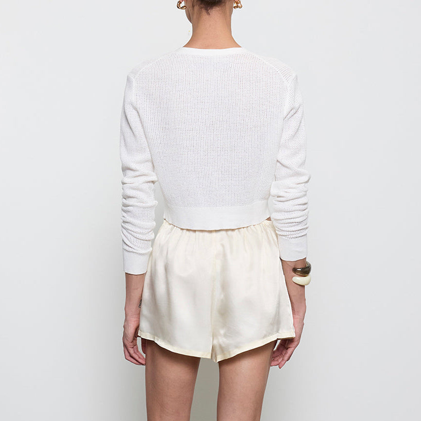 Linen Cropped V-Neck Cardigan Off White