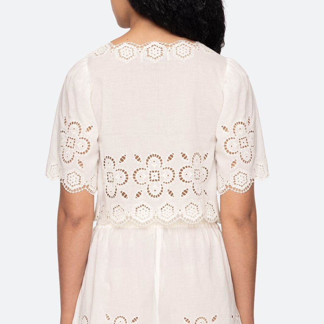 Babette Eyelet Tie Front Top White