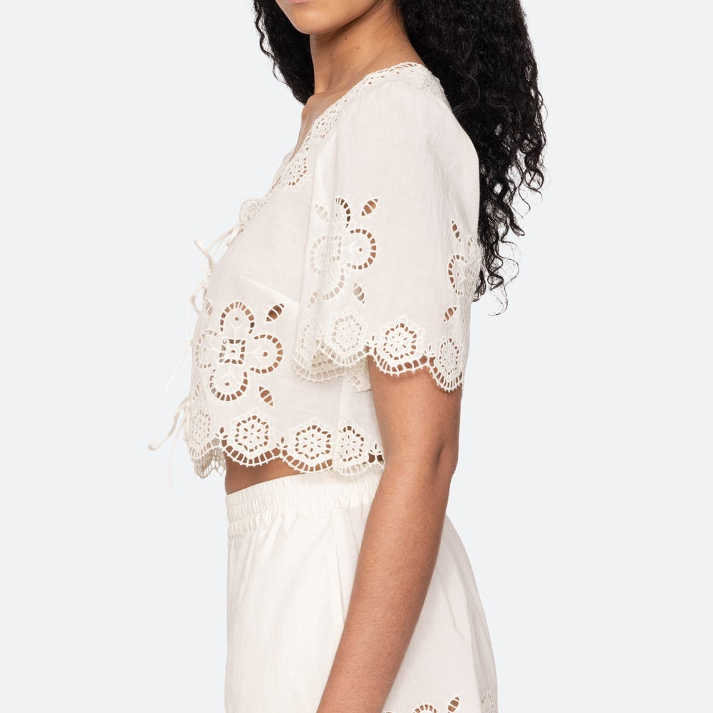 Babette Eyelet Tie Front Top White