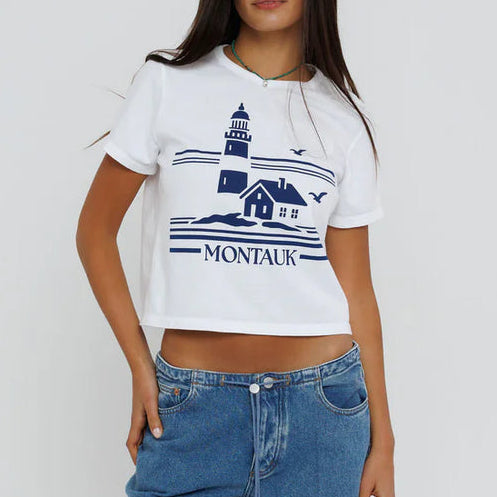 Montauk Lighthouse Tiny Tee White