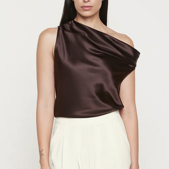 Silk Bias Off-Shoulder Brown