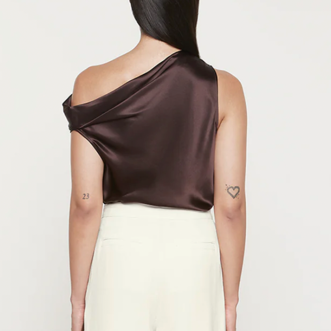 Silk Bias Off-Shoulder Brown