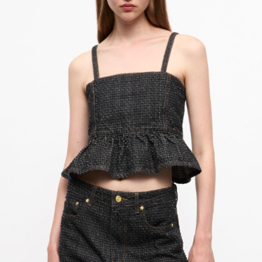 Fluffy Denim Strap Top Black