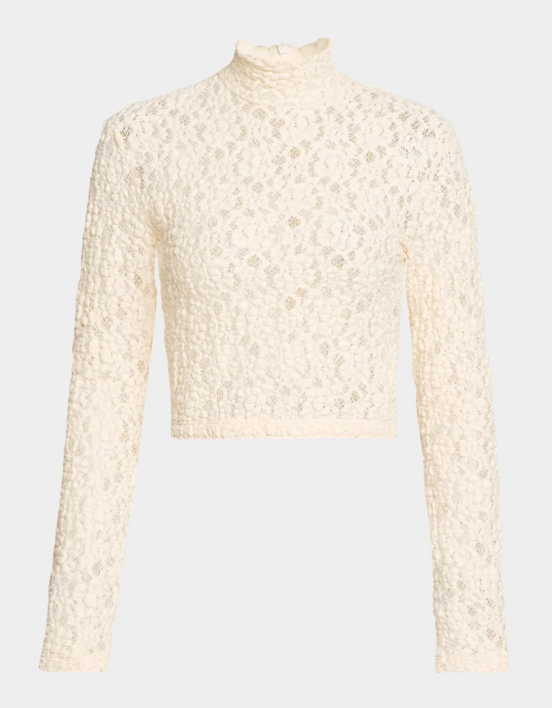 Puckered Lace L/S Cropped Mockneck Off White