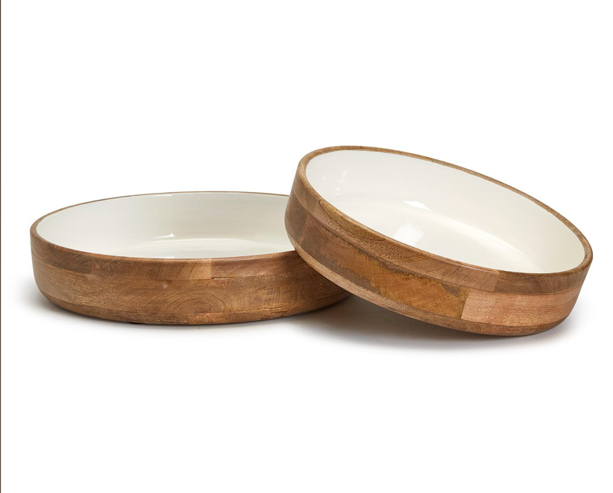 Hand-Crafted Wood Round Pedestal Bowls with White Enamel