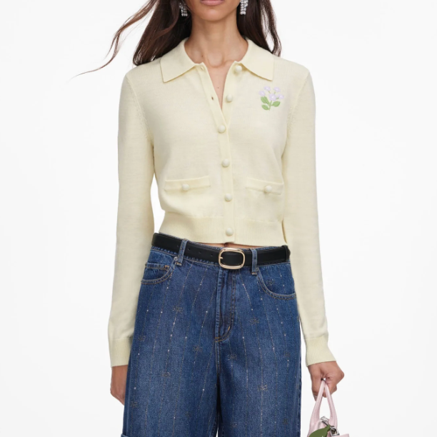 Flower Embroidered Knit Cardigan Yellow