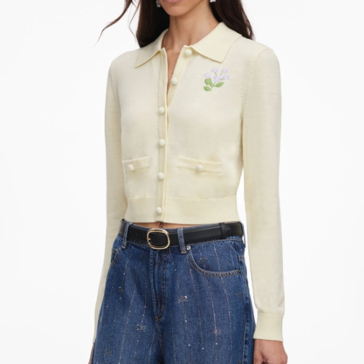 Flower Embroidered Knit Cardigan Yellow