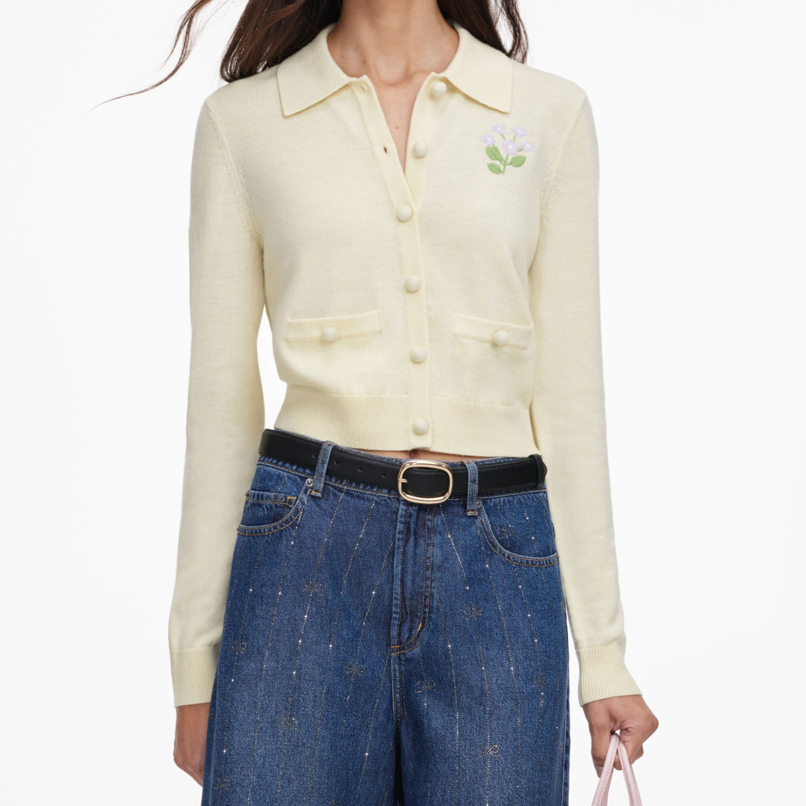 Flower Embroidered Knit Cardigan Yellow