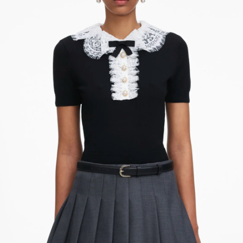 Knit Lace Collar Top Black