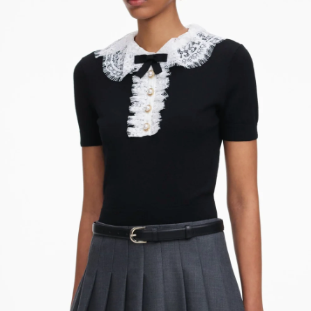 Knit Lace Collar Top Black