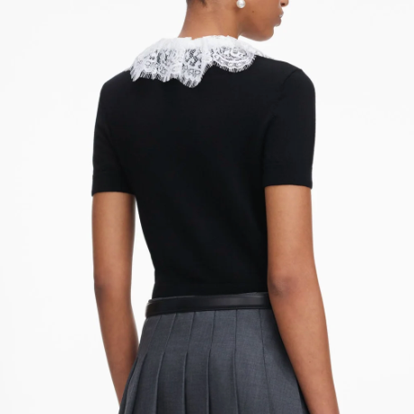 Knit Lace Collar Top Black