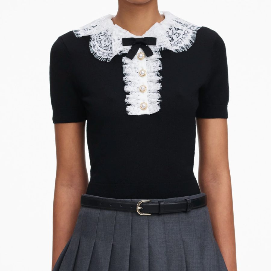Knit Lace Collar Top Black