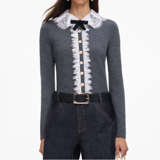 Lace Collar Knit Cardigan Grey