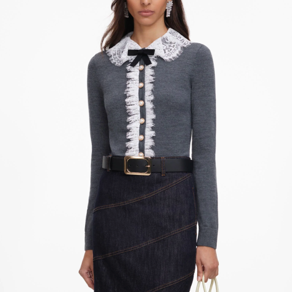 Lace Collar Knit Cardigan Grey