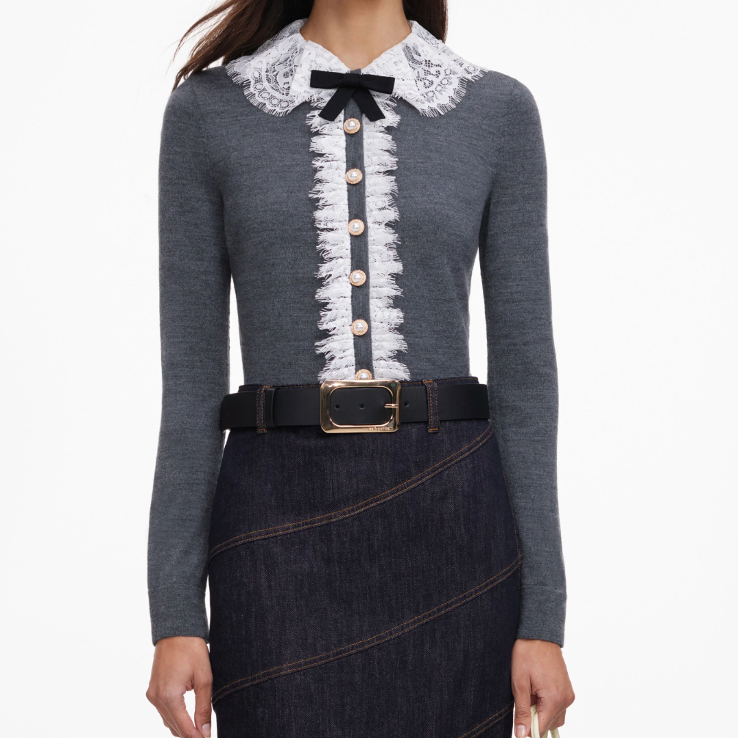 Lace Collar Knit Cardigan Grey