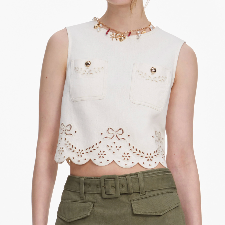 Broderie Denim Top Ecru