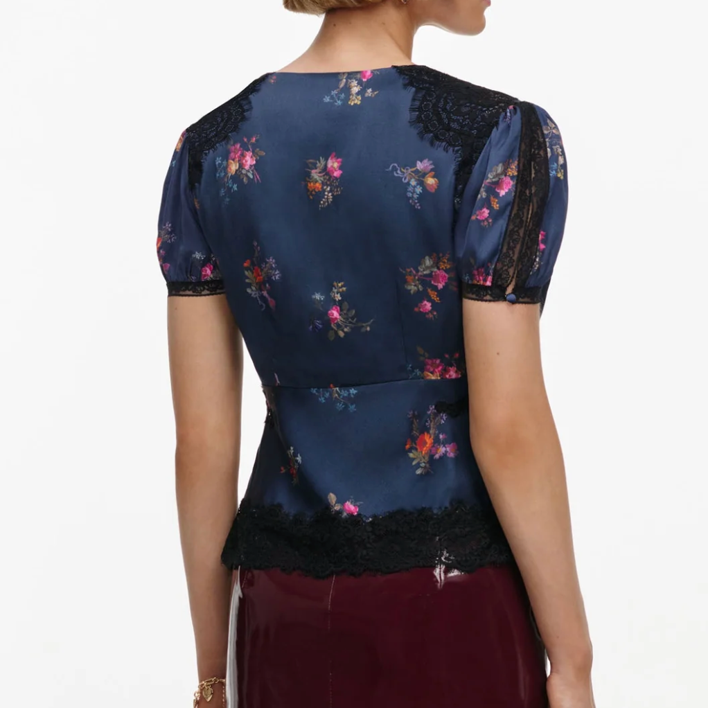 Satin Printed Lace Top Navy