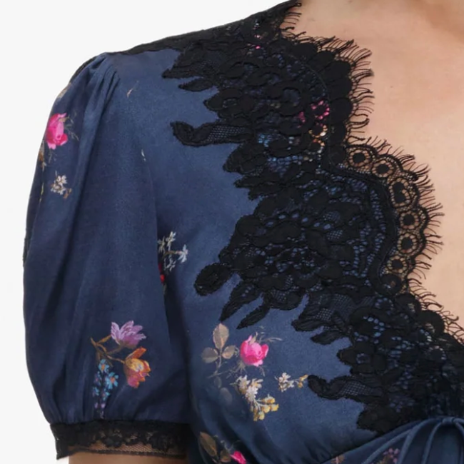 Satin Printed Lace Top Navy