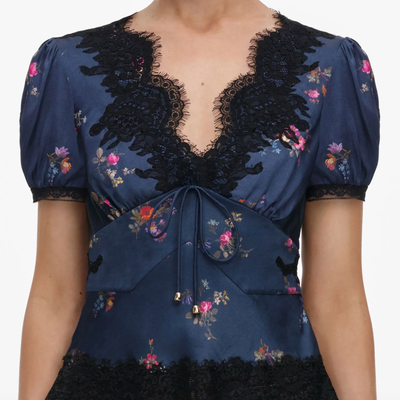 Satin Printed Lace Top Navy