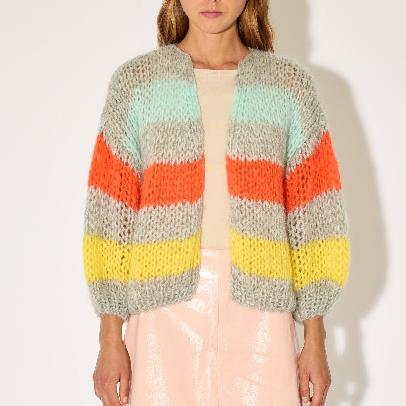 Mohair Bomber Cardigan Grey Stripes