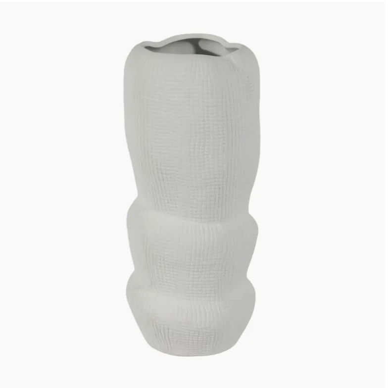 Ceramic Sculptural Waffle Textured Vase White 12"