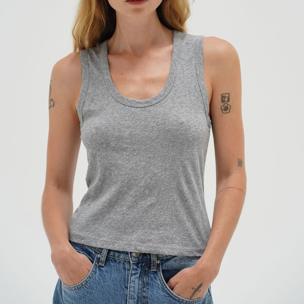 Deep U Cotton Tank Hthr Grey