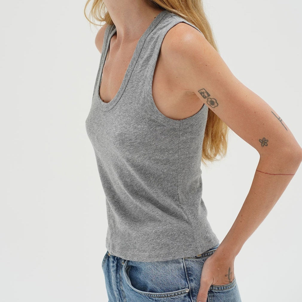 Deep U Cotton Tank Hthr Grey