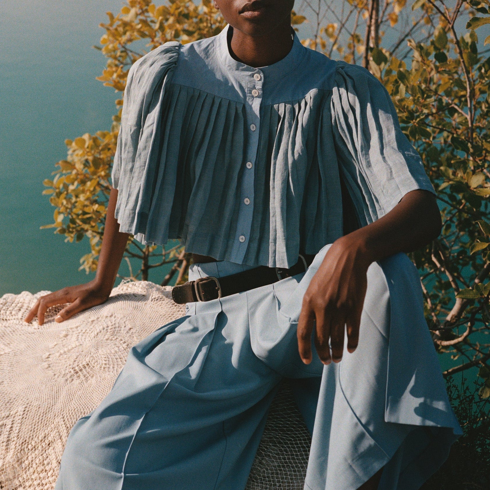 Solene Pleated S/Slv Top Blue