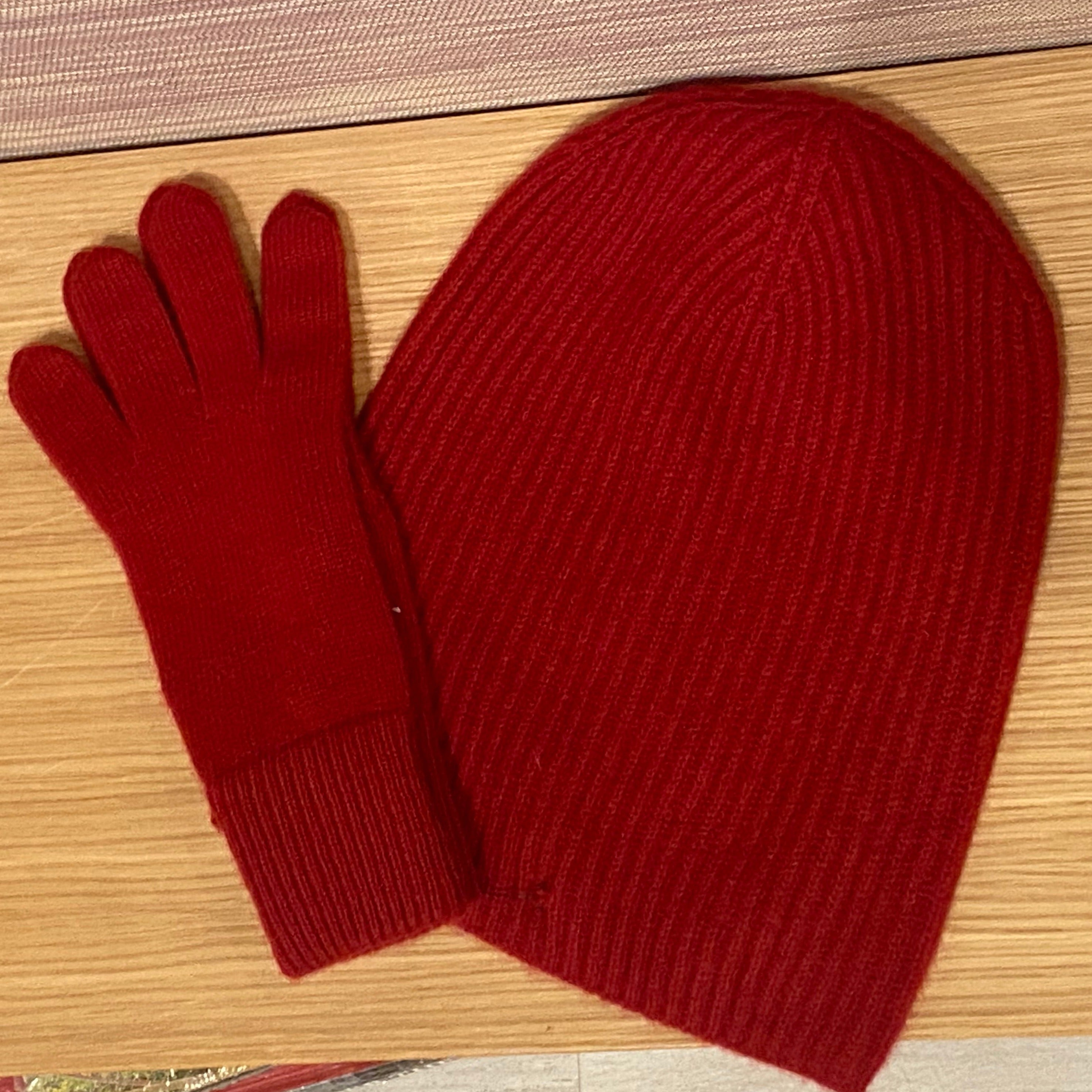 Cashmere Beanie Glove Set Red